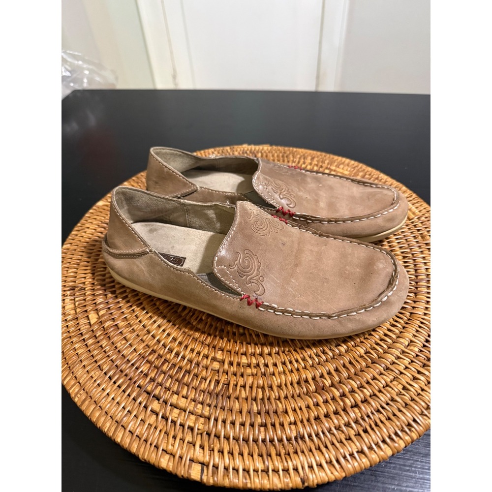 OluKai Women Tan Leather Slip On Loafers Embossed Drop In Heel Shoes